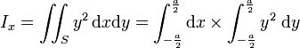 I_x= \iint_{S}y^2\, \mathrm dx\mathrm dy = \int_{-\frac {a}{2}}^{\frac {a}{2}} \mathrm dx \times  \int_{-\frac {a}{2}}^{\frac {a}{2}} y^2 \;\mathrm dy 